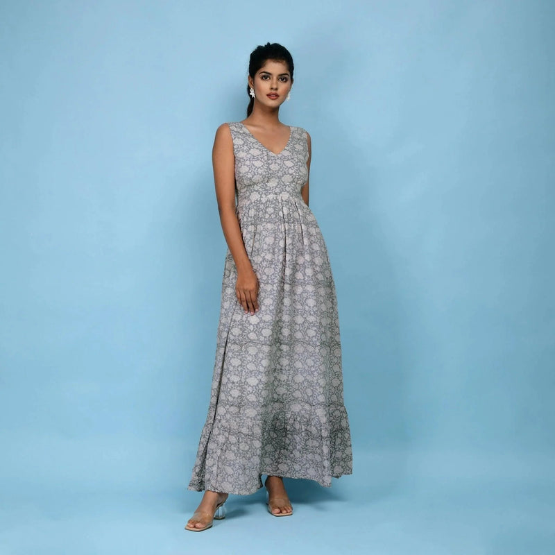 Front View of a Model wearing Slate Blue Block Printed Floor Length Cotton Dress