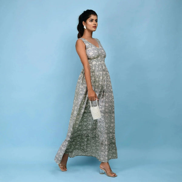 Right View of a Model wearing Slate Blue Block Printed Floor Length Cotton Dress