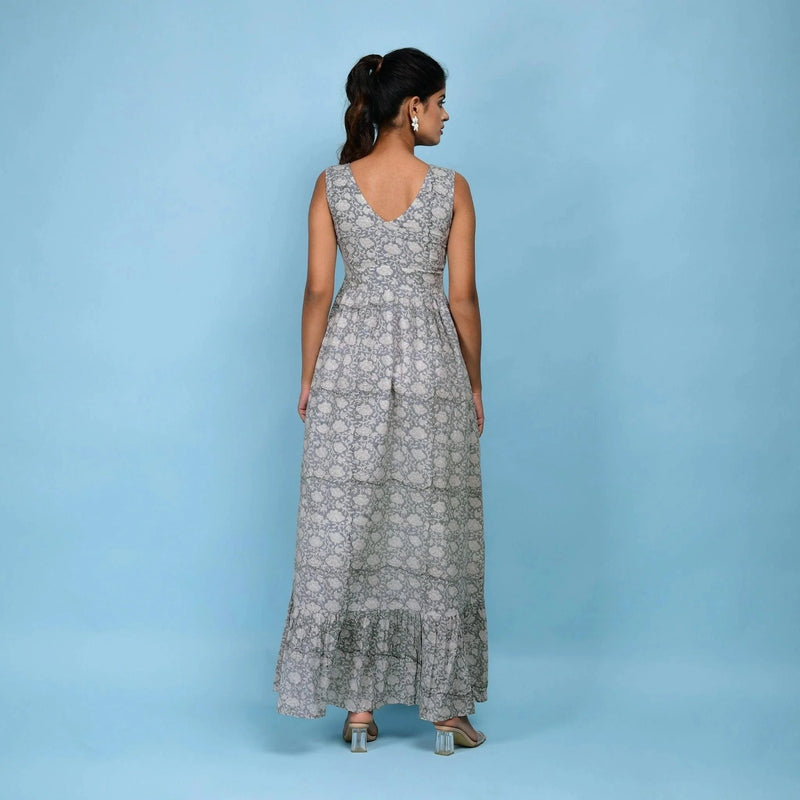 Back View of a Model wearing Slate Blue Block Printed Floor Length Cotton Dress