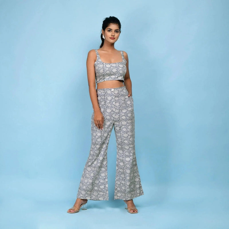 Front View of a Model wearing Slate Blue Block Printed Floral Cotton Bustier Top