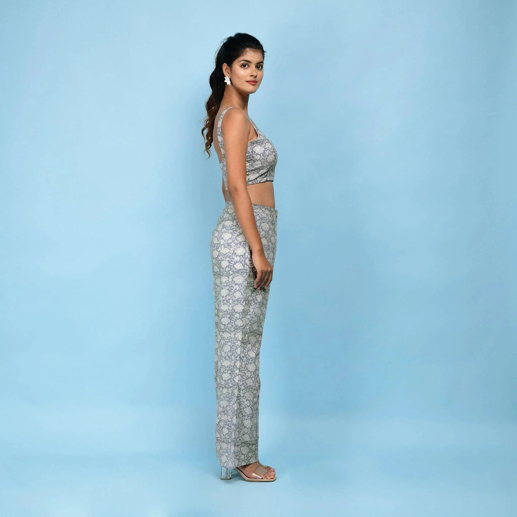 Right View of a Model wearing Slate Blue Block Printed Floral Cotton Bustier Top