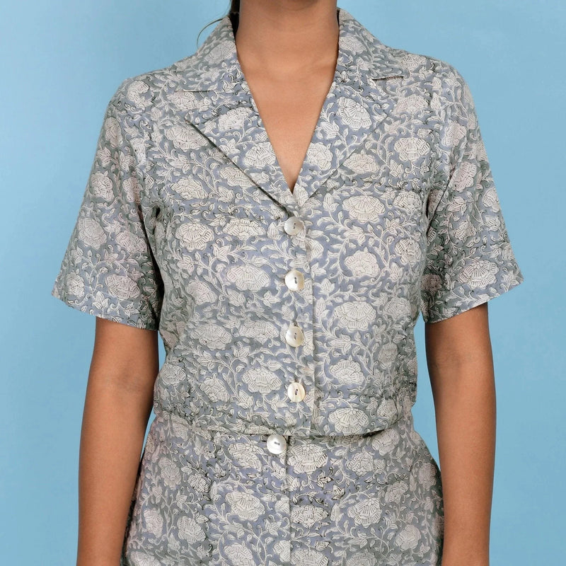 Front Detail of a Model wearing Slate Blue Cotton Block Printed Crop Top