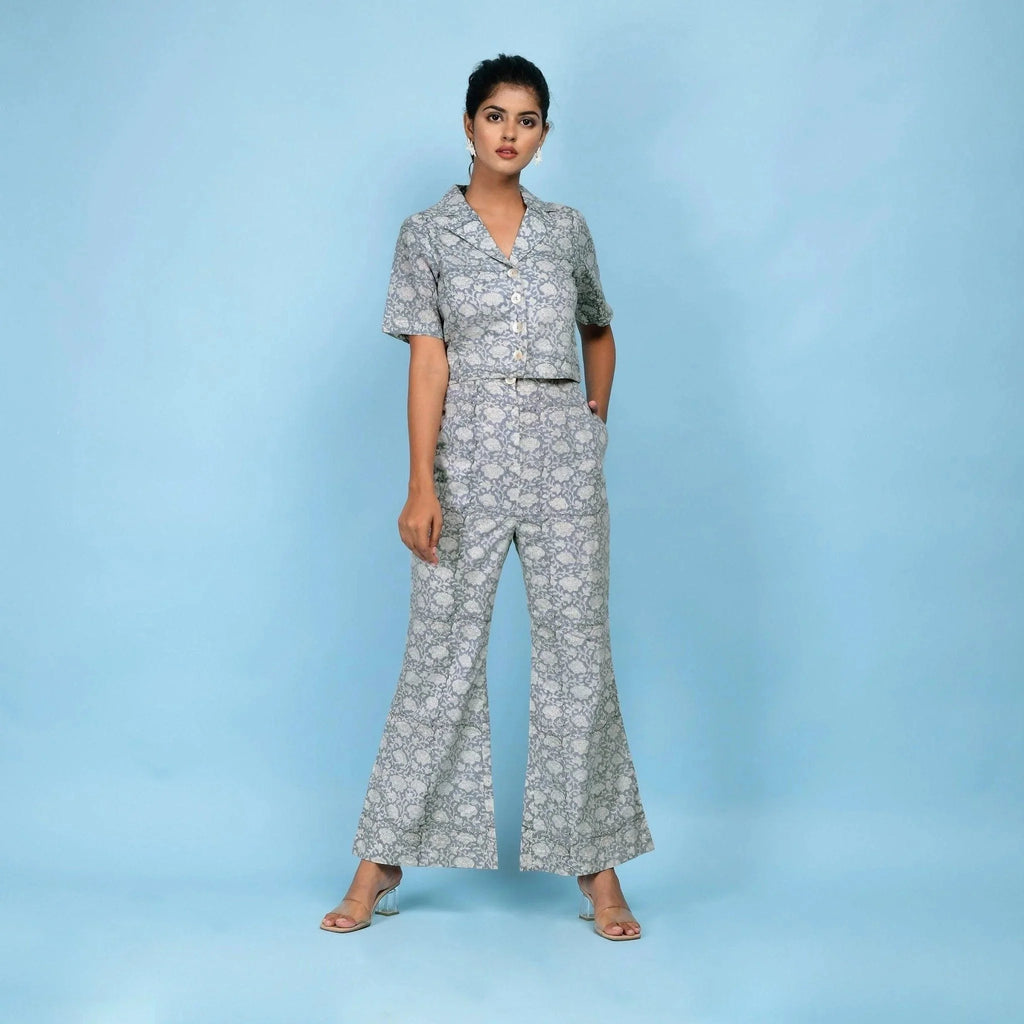 Front View of a Model wearing Slate Blue Cotton Block Printed Crop Top