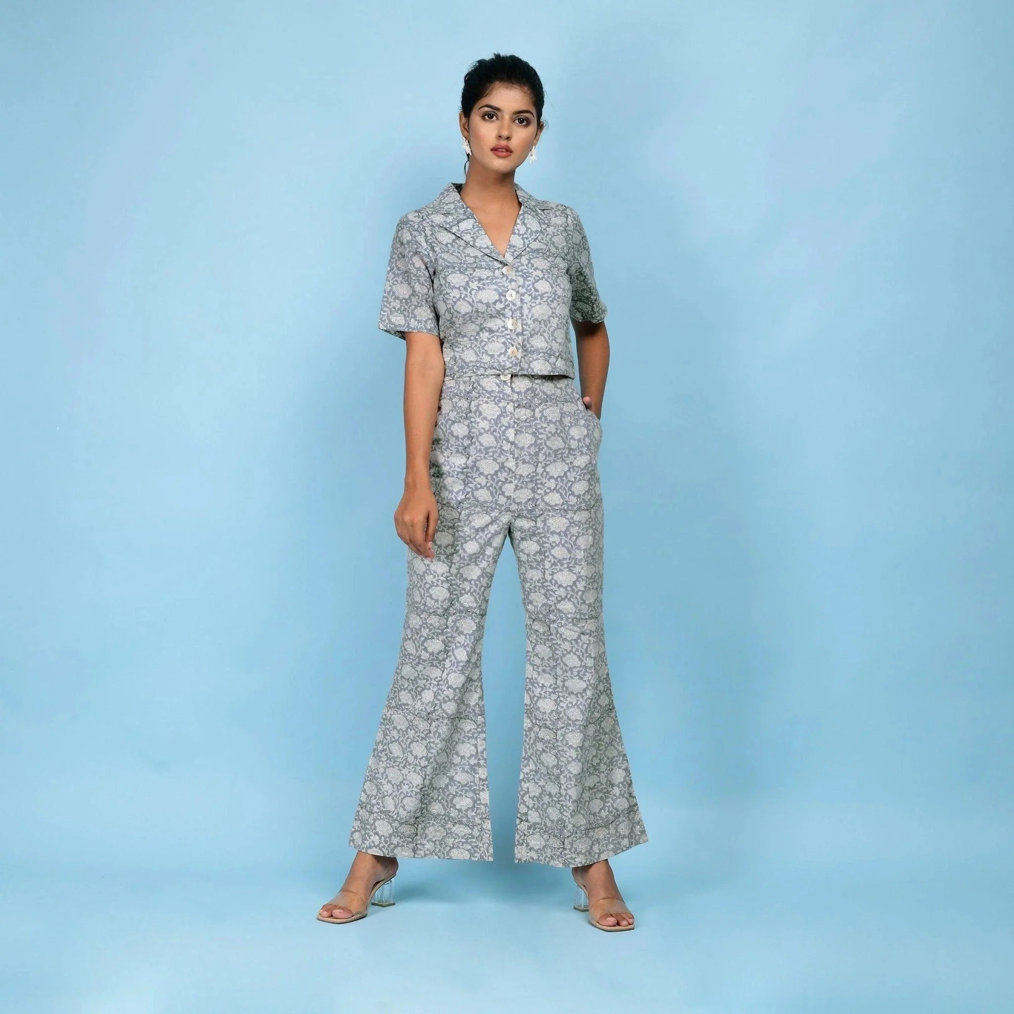 Front View of a Model wearing Slate Blue Cotton Block Printed Crop Top