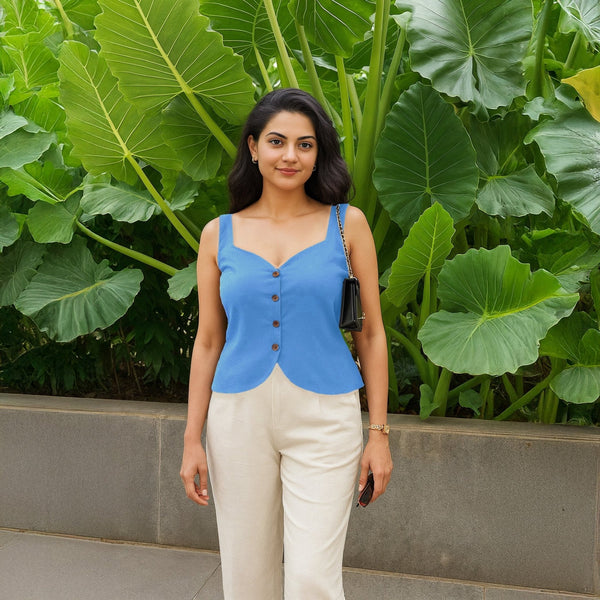 Slate Blue Cotton Button-Down Sweetheart Neck Waistcoat