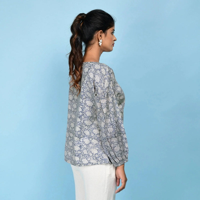 Right View of a Model wearing Slate Blue Block Printed Cotton Straight Top