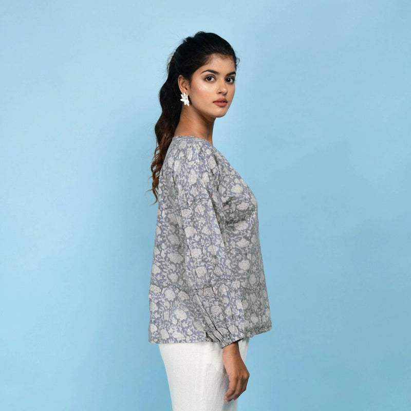 Right View of a Model wearing Slate Blue Block Printed Cotton Straight Top