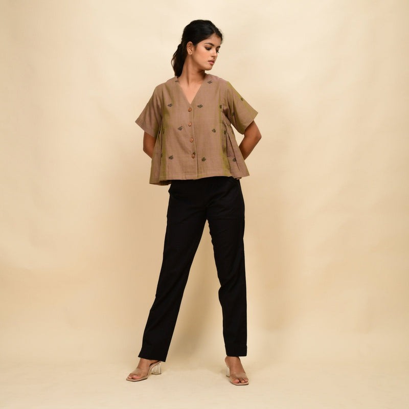 Front View of a Model wearing Slate Brown Paneled 100% Cotton Top