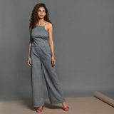 Front View of a Model wearing Slate Grey Handspun Cotton High-Rise Wide Legged Pant