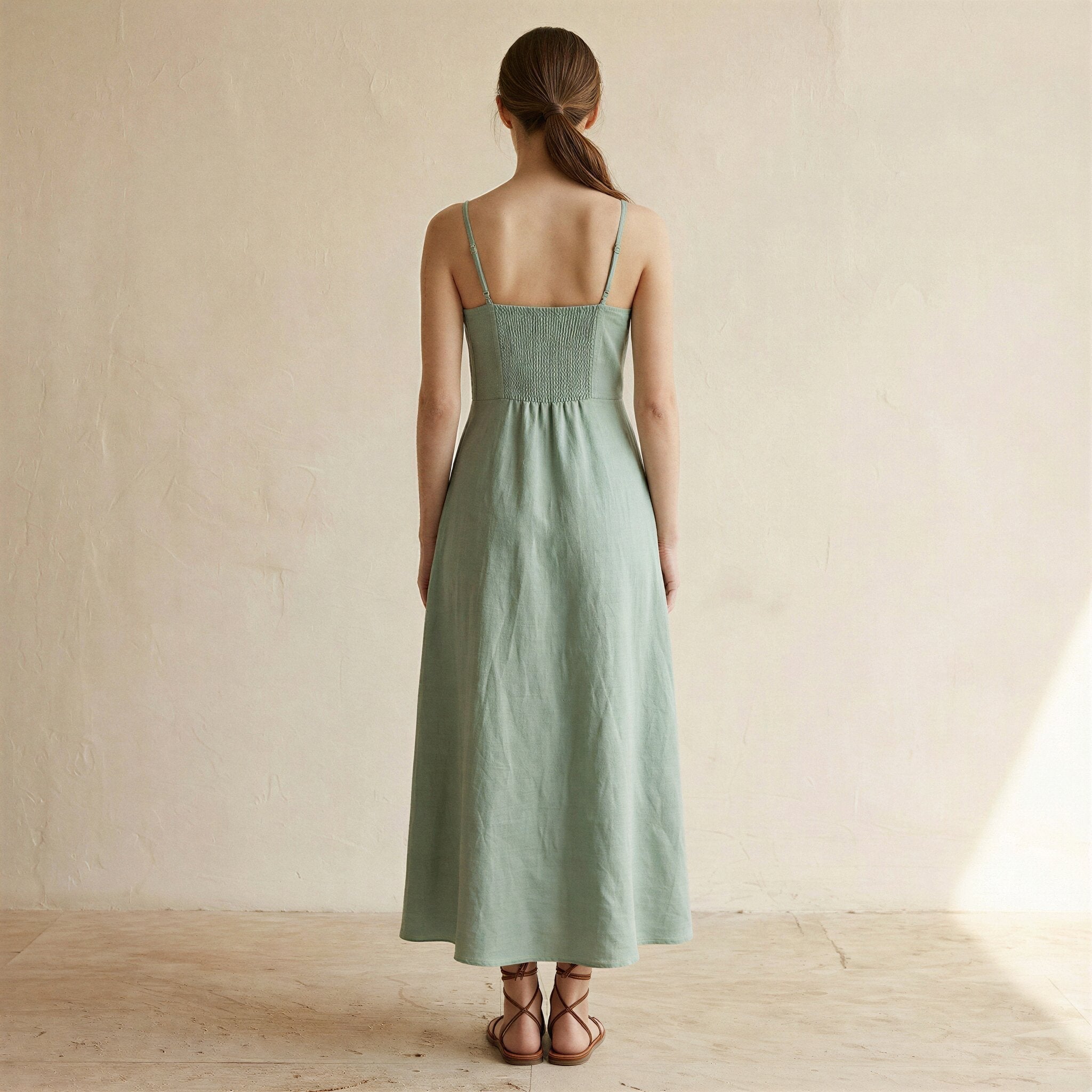 Smoke Green Cotton Ankle Length Flared Sundress