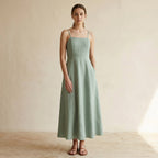 Smoke Green Cotton Ankle Length Flared Sundress