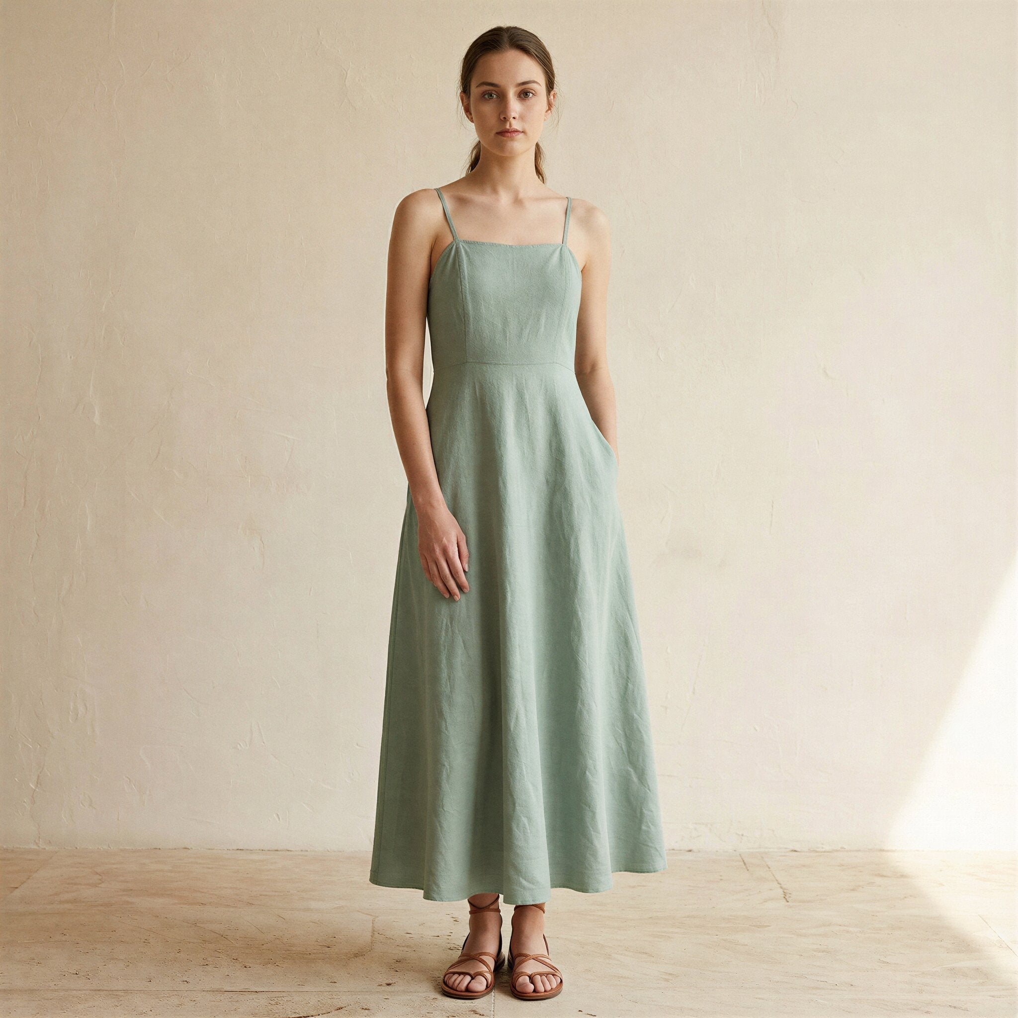 Smoke Green Cotton Ankle Length Flared Sundress