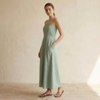 Smoke Green Cotton Ankle Length Flared Sundress