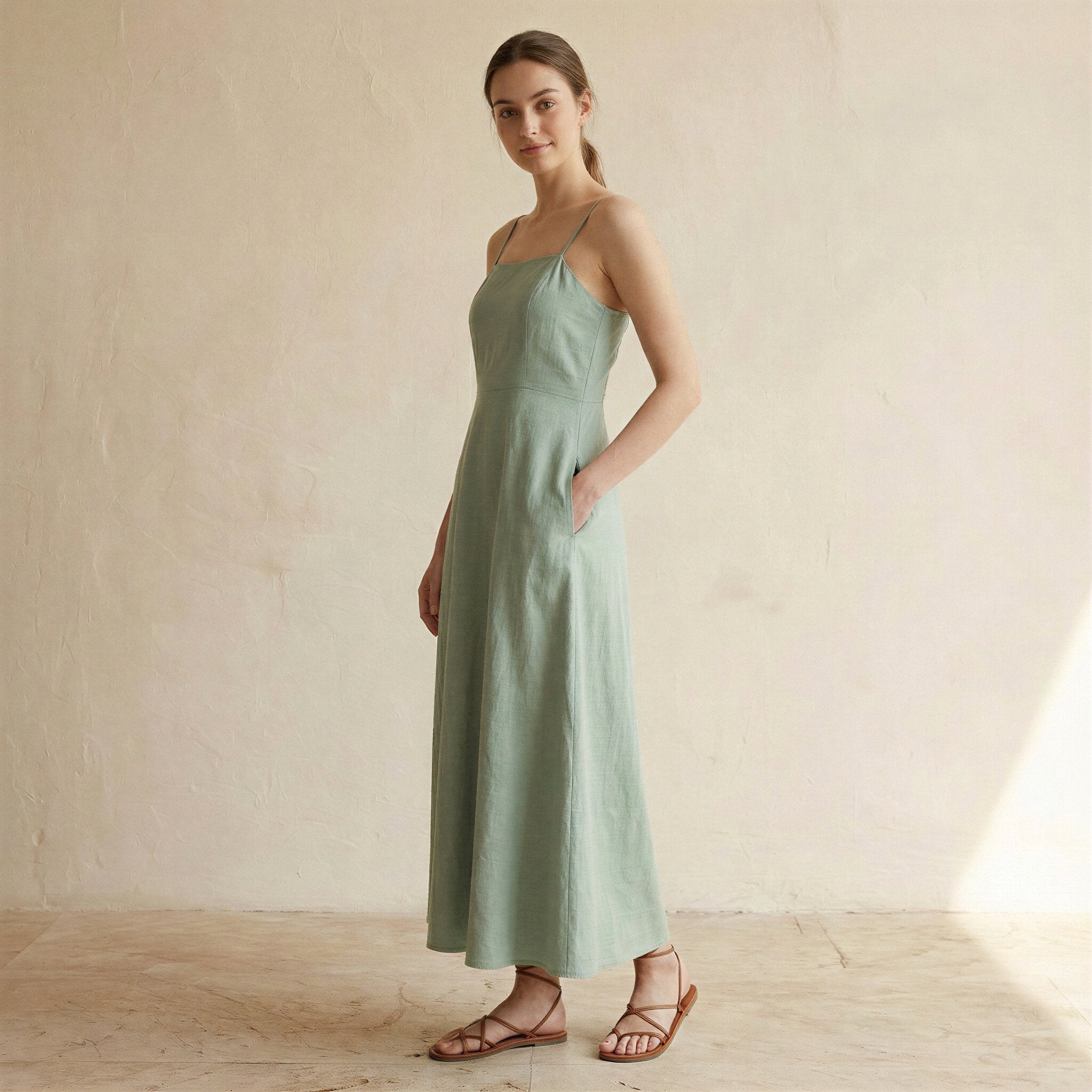 Smoke Green Cotton Ankle Length Flared Sundress