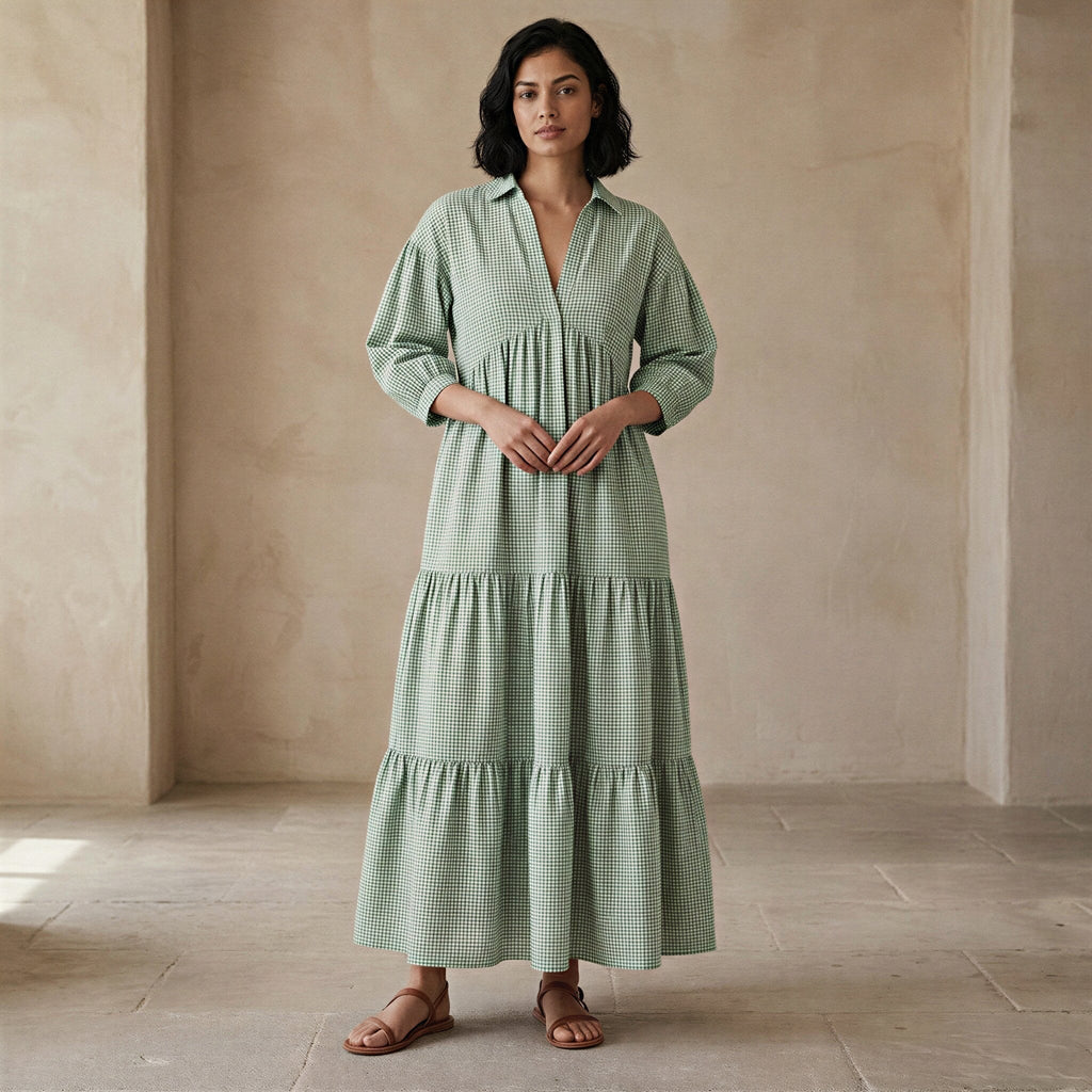 Smoke Green Cotton Deep-V Maxi Tier Dress