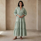 Smoke Green Cotton Deep-V Maxi Tier Dress