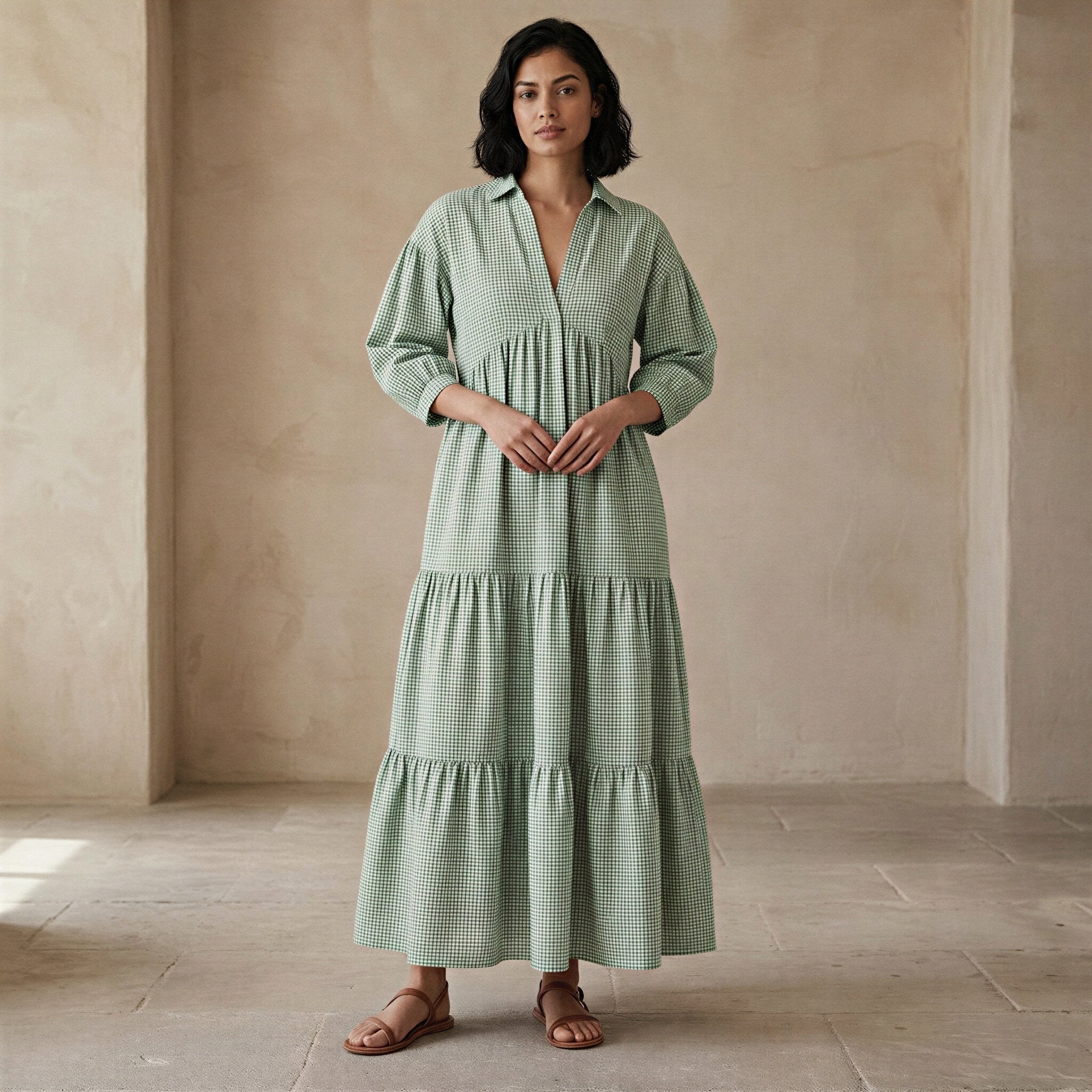 Smoke Green Cotton Deep-V Maxi Tier Dress