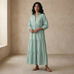 Smoke Green Cotton Deep-V Maxi Tier Dress
