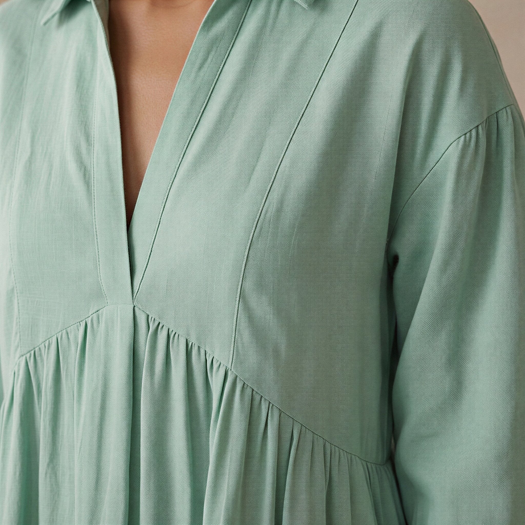 Smoke Green Cotton Deep-V Maxi Tier Dress