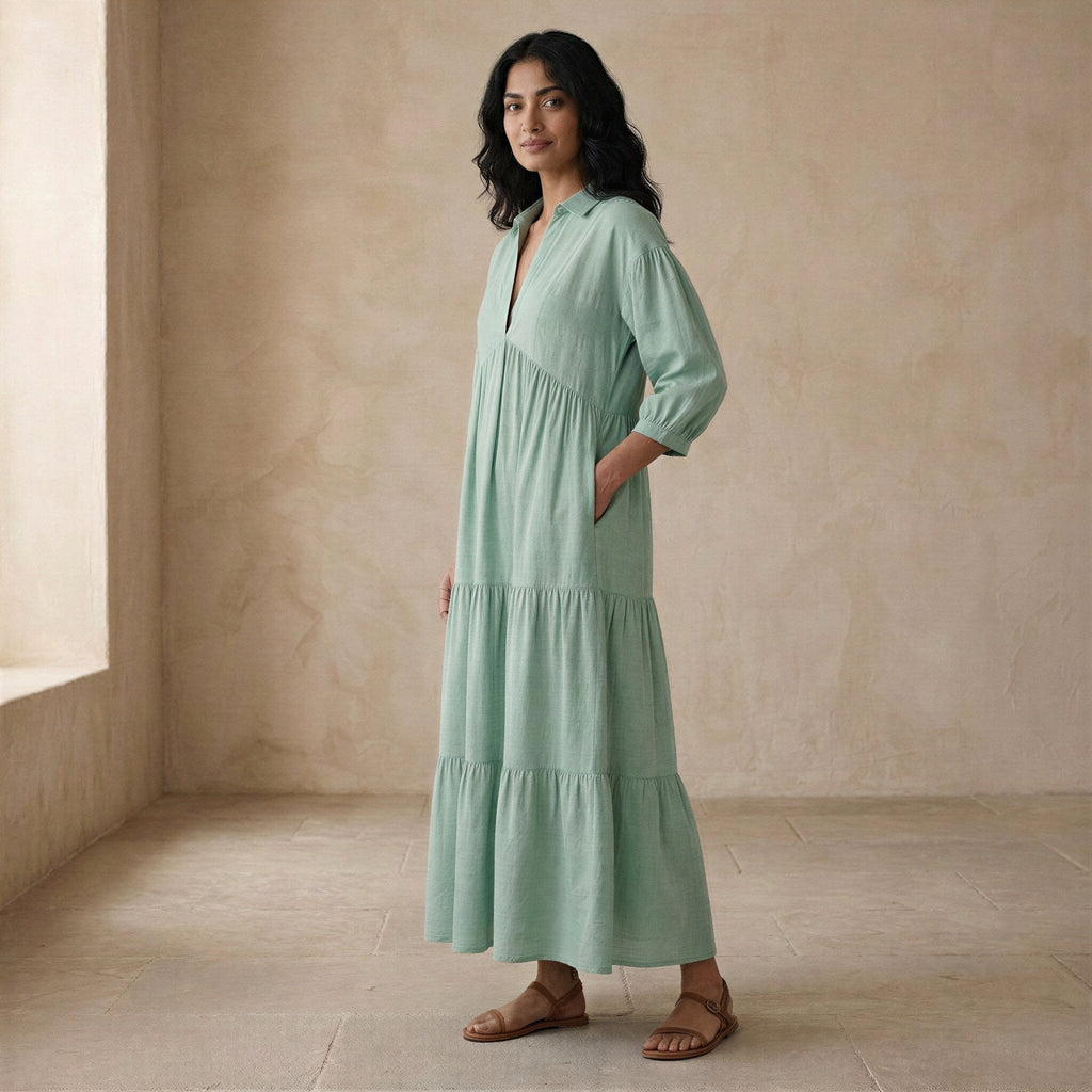 Smoke Green Cotton Deep-V Maxi Tier Dress