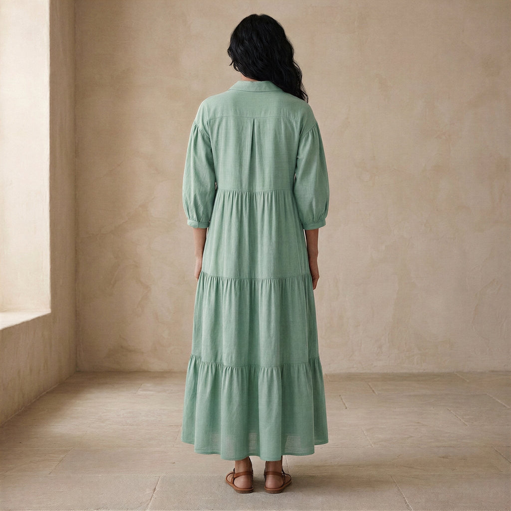 Smoke Green Cotton Deep-V Maxi Tier Dress