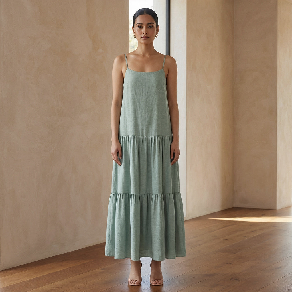 Smoke Green Cotton Drop-Waist Camisole Maxi Tier Dress