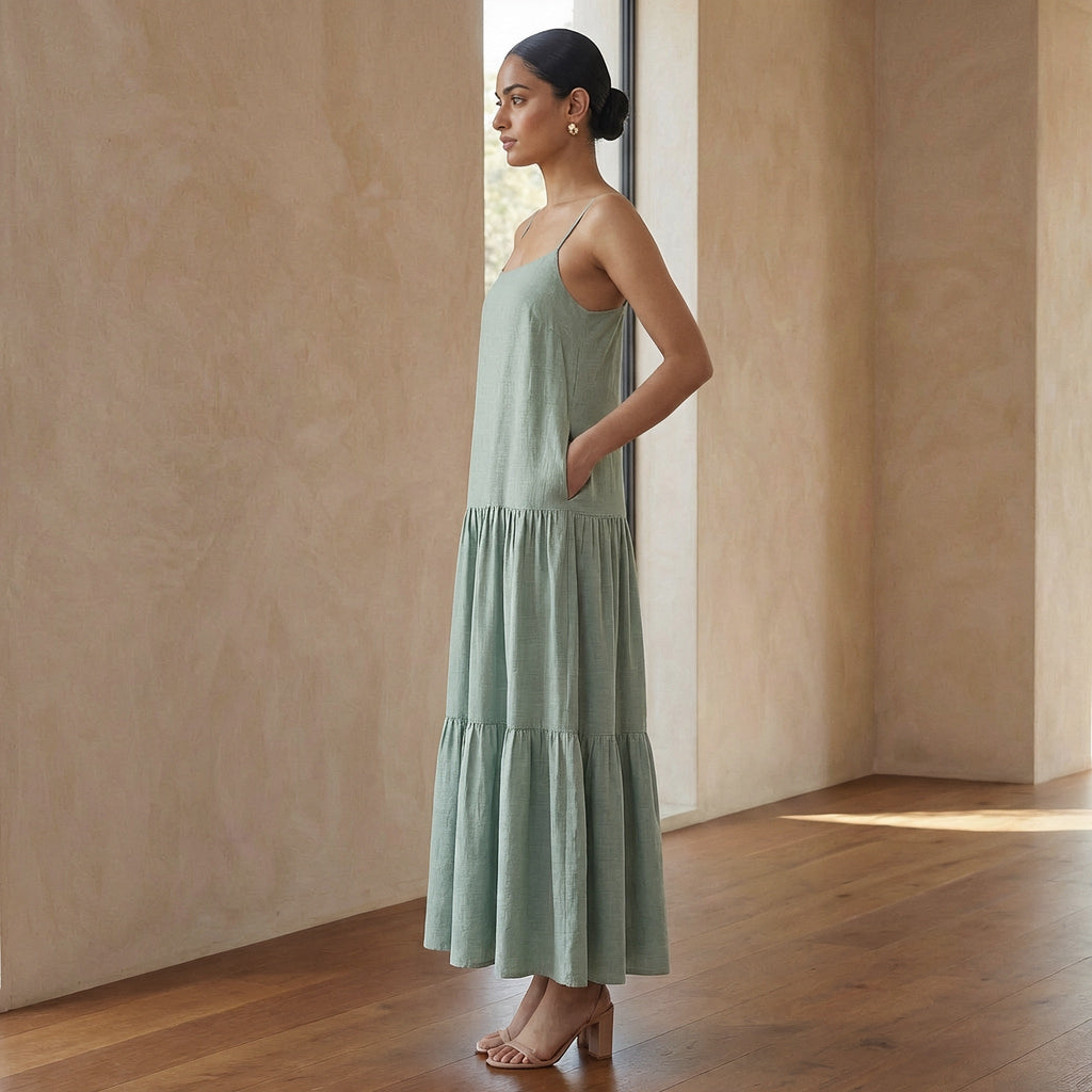 Smoke Green Cotton Drop-Waist Camisole Maxi Tier Dress