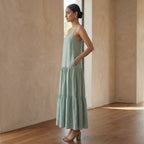 Smoke Green Cotton Drop-Waist Camisole Maxi Tier Dress