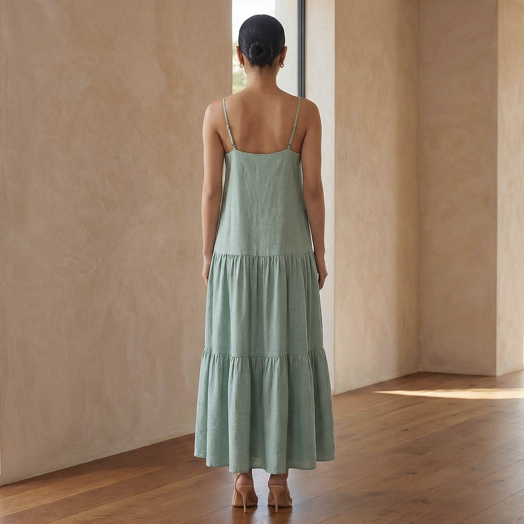 Smoke Green Cotton Drop-Waist Camisole Maxi Tier Dress