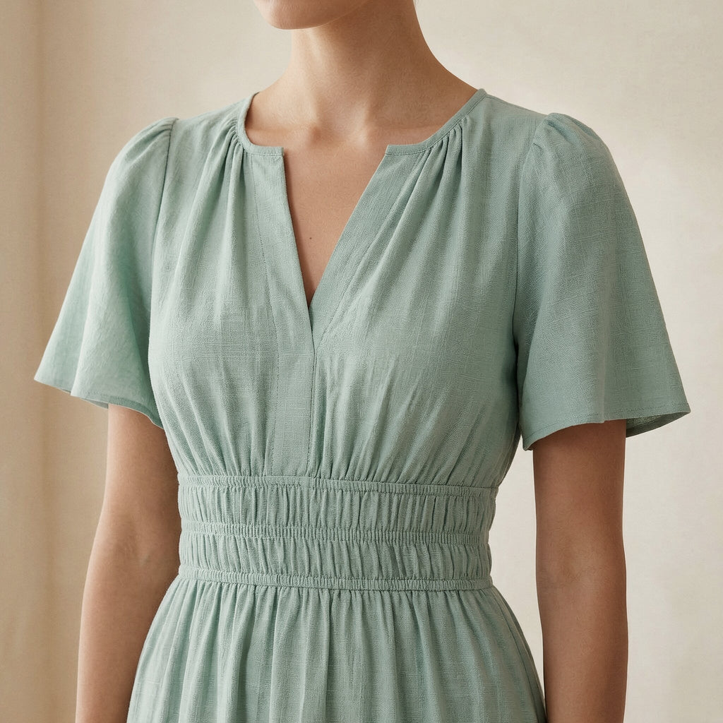 Smoke Green Cotton Elasticated Short Tier Dress