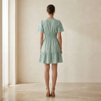Smoke Green Cotton Elasticated Short Tier Dress