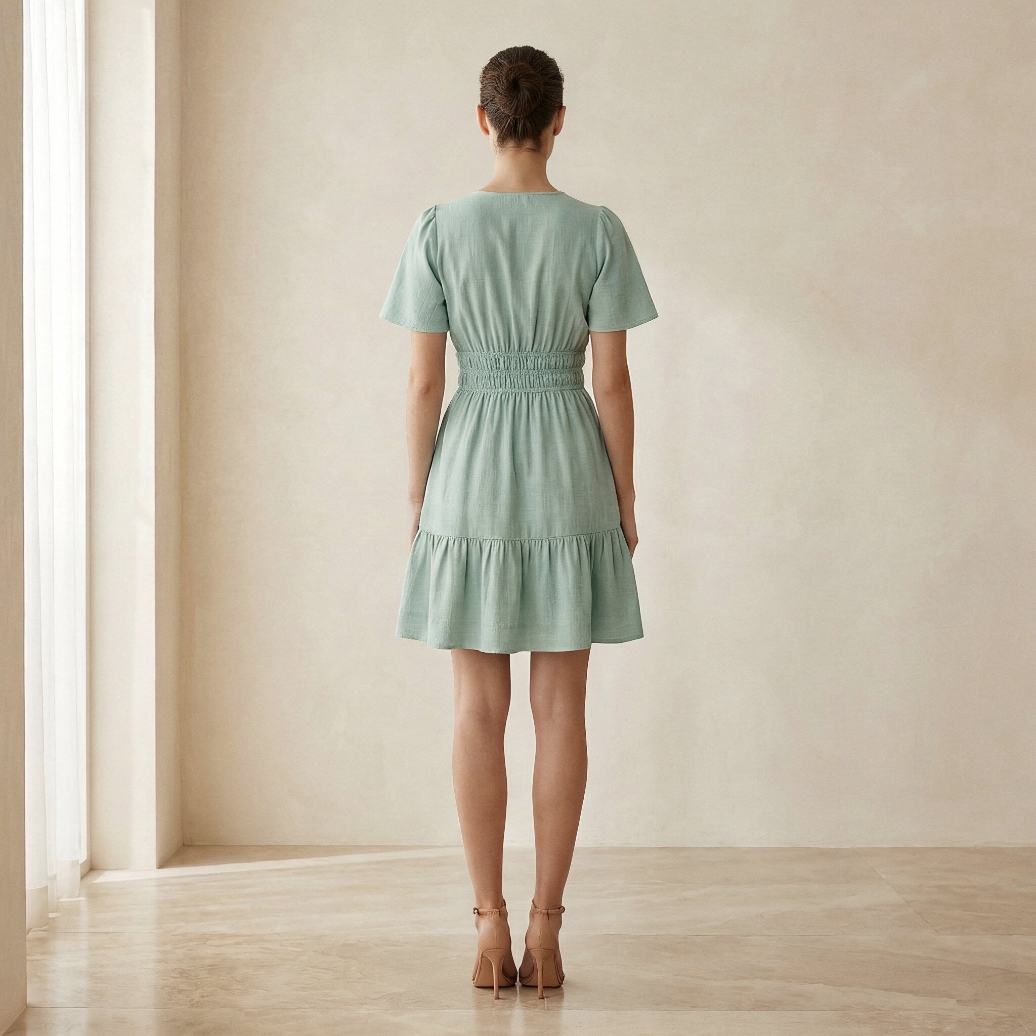 Smoke Green Cotton Elasticated Short Tier Dress