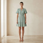 Smoke Green Cotton Elasticated Short Tier Dress