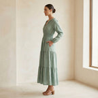 Smoke Green Cotton Fit and Flare Maxi Tier Dress