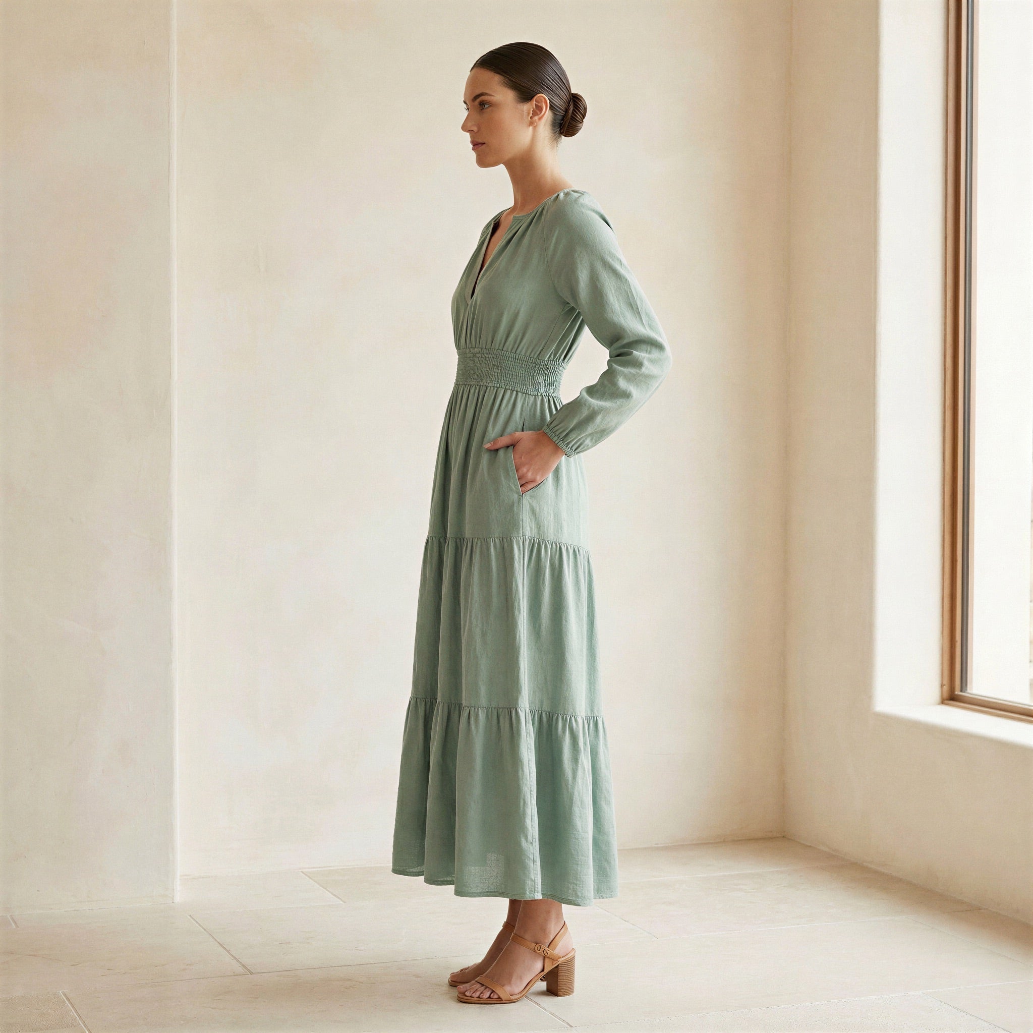 Smoke Green Cotton Fit and Flare Maxi Tier Dress