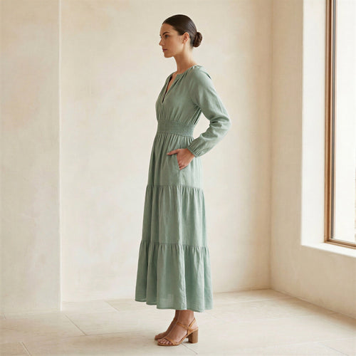 Smoke Green Cotton Fit and Flare Maxi Tier Dress