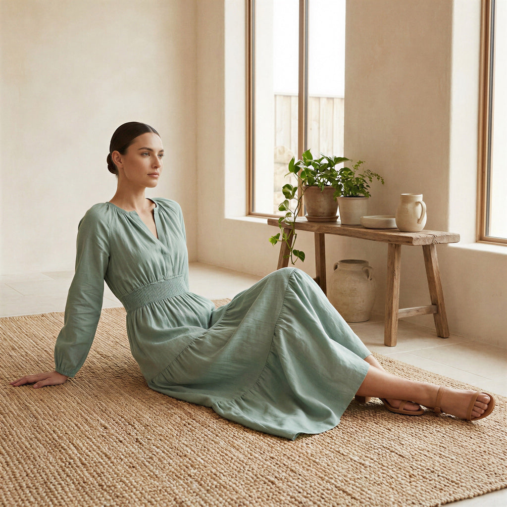 Smoke Green Cotton Fit and Flare Maxi Tier Dress
