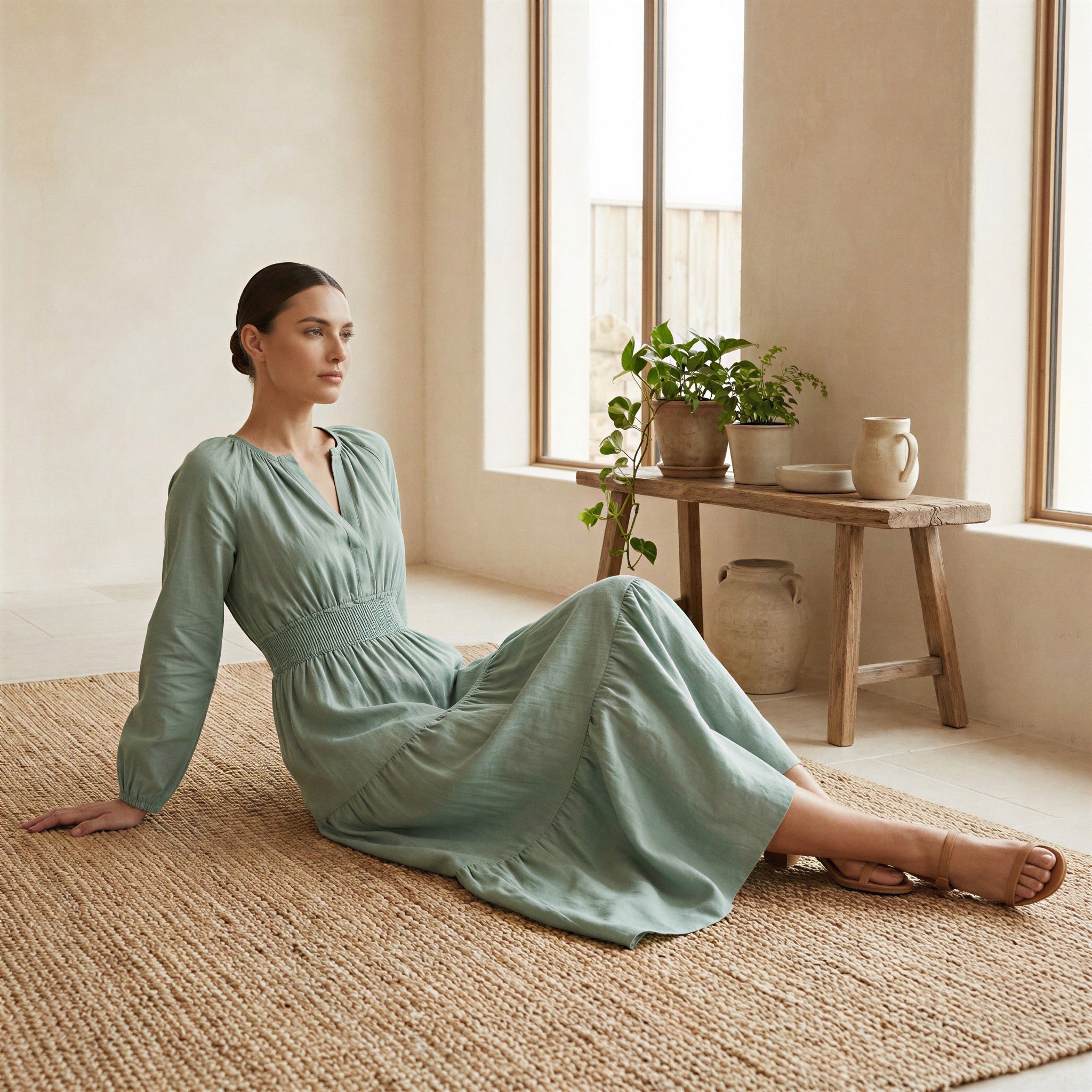Smoke Green Cotton Fit and Flare Maxi Tier Dress
