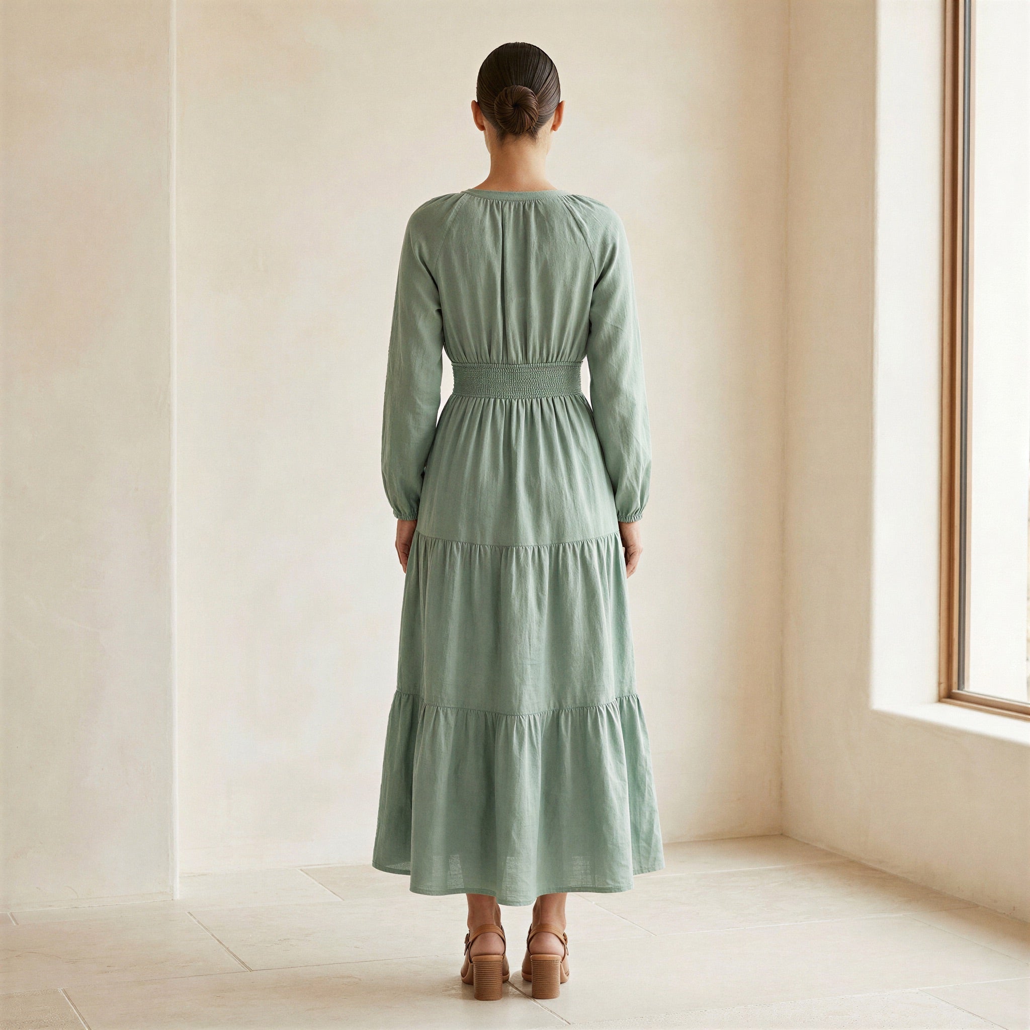 Smoke Green Cotton Fit and Flare Maxi Tier Dress