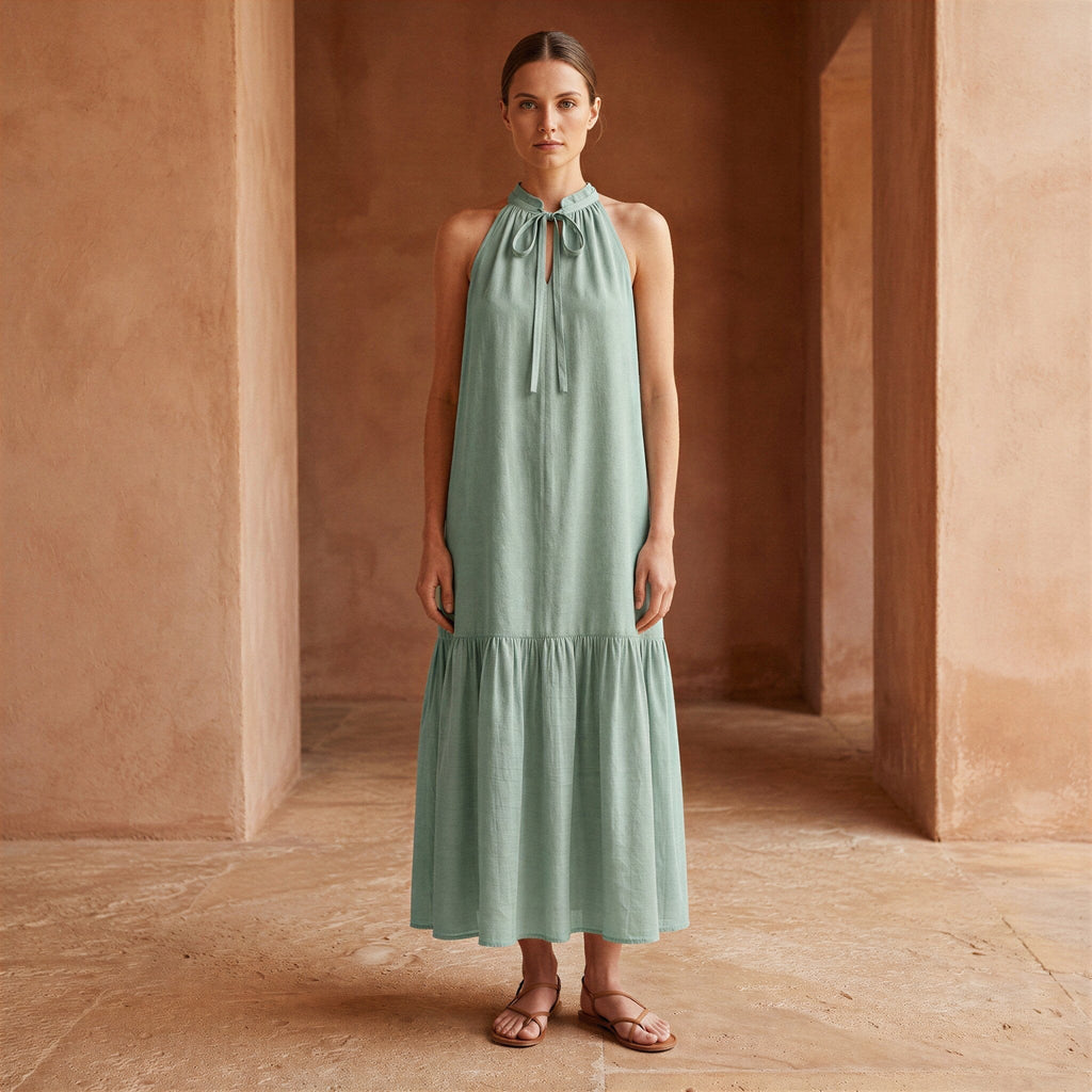 Smoke Green Cotton Halter-Neck Sleeveless Midi Tier Dress