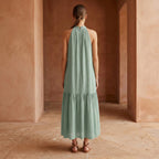 Smoke Green Cotton Halter-Neck Sleeveless Midi Tier Dress