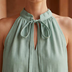 Smoke Green Cotton Halter-Neck Sleeveless Midi Tier Dress