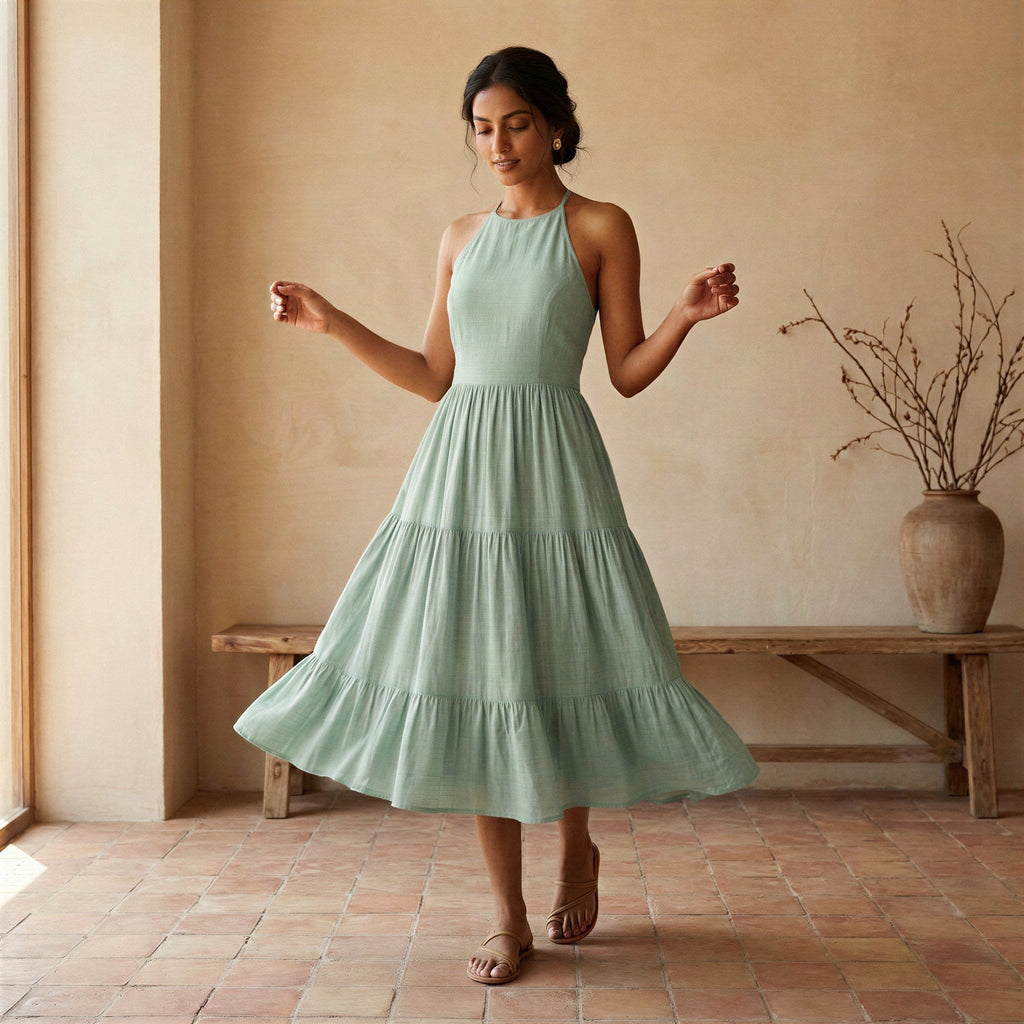 Smoke Green Cotton Halter Neck Tier Midi Dress