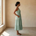 Smoke Green Cotton Halter Neck Tier Midi Dress