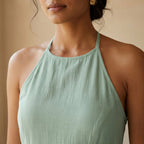 Smoke Green Cotton Halter Neck Tier Midi Dress