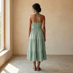 Smoke Green Cotton Halter Neck Tier Midi Dress