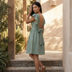 Smoke Green Cotton Open-Back Fit and Flare Knee Length Dress
