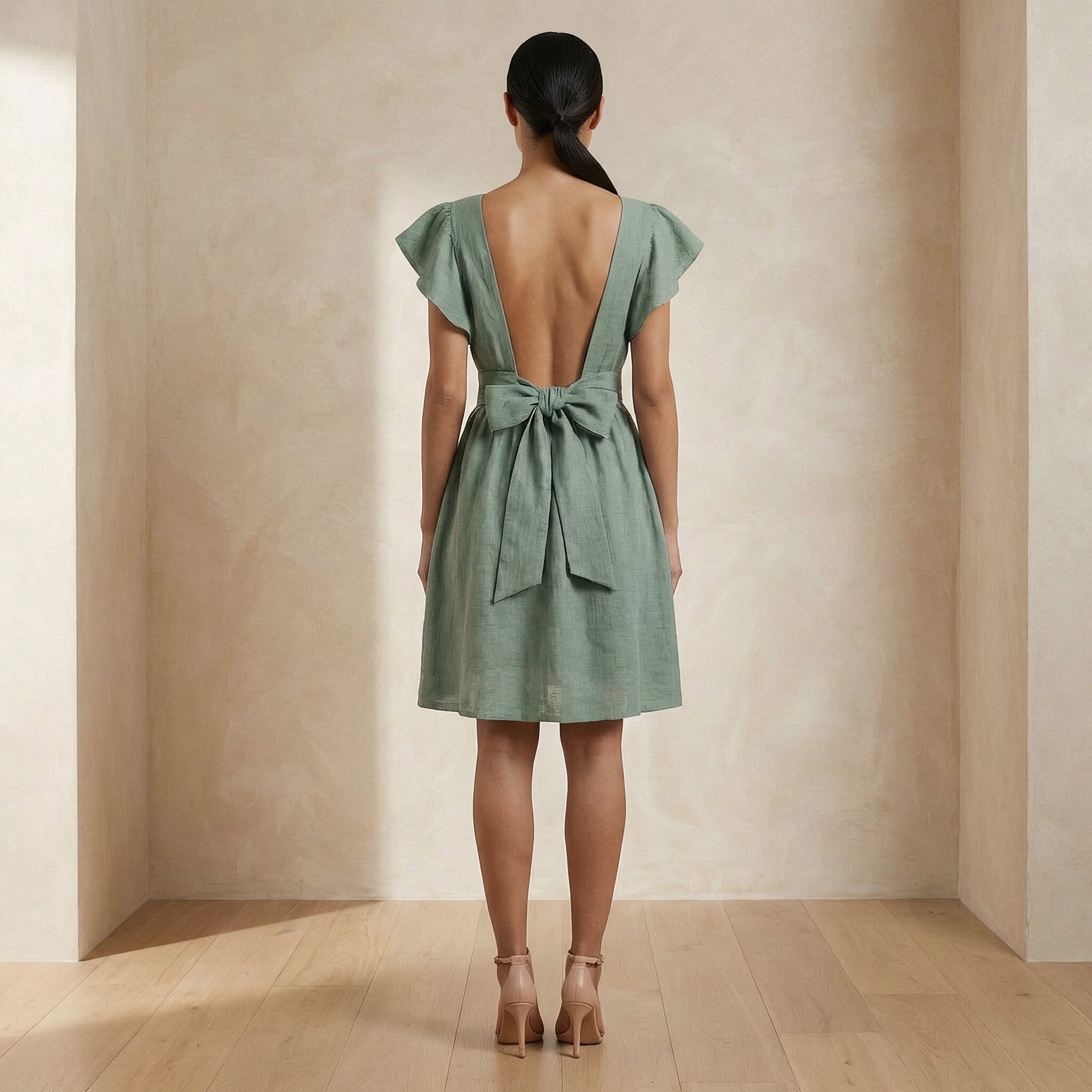 Smoke Green Cotton Open-Back Fit and Flare Knee Length Dress