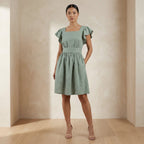 Smoke Green Cotton Open-Back Fit and Flare Knee Length Dress