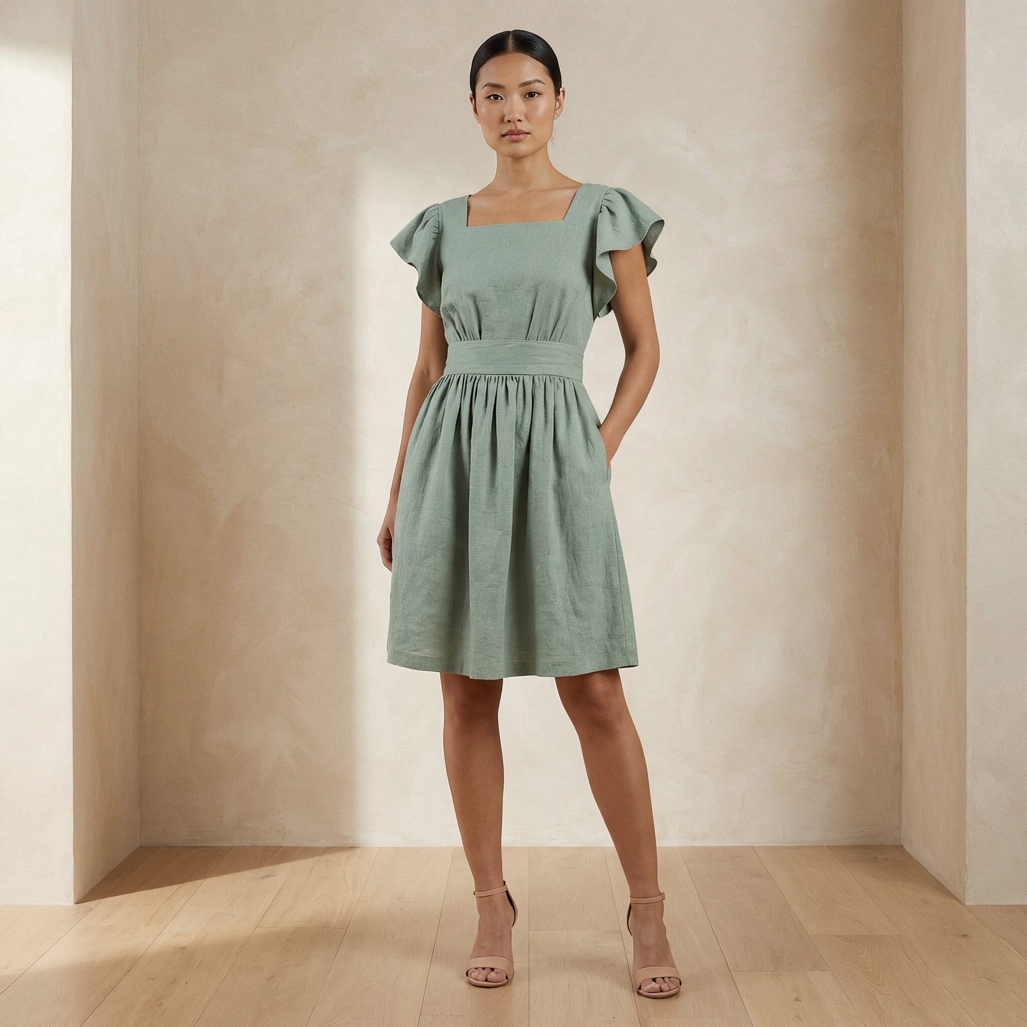 Smoke Green Cotton Open-Back Fit and Flare Knee Length Dress